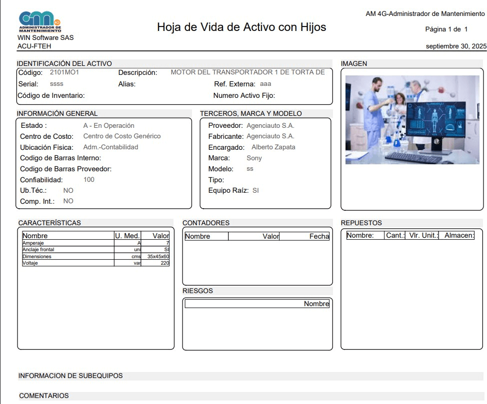 Reporte hoja de activo con subequipos