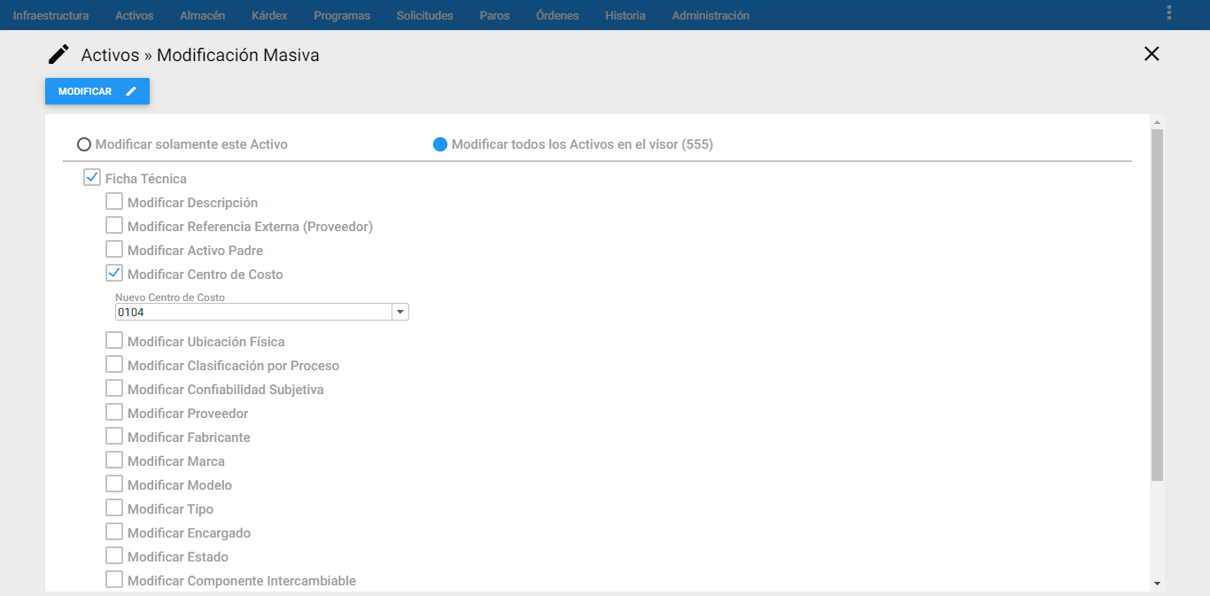 Activos - Modificar Centro de Costo