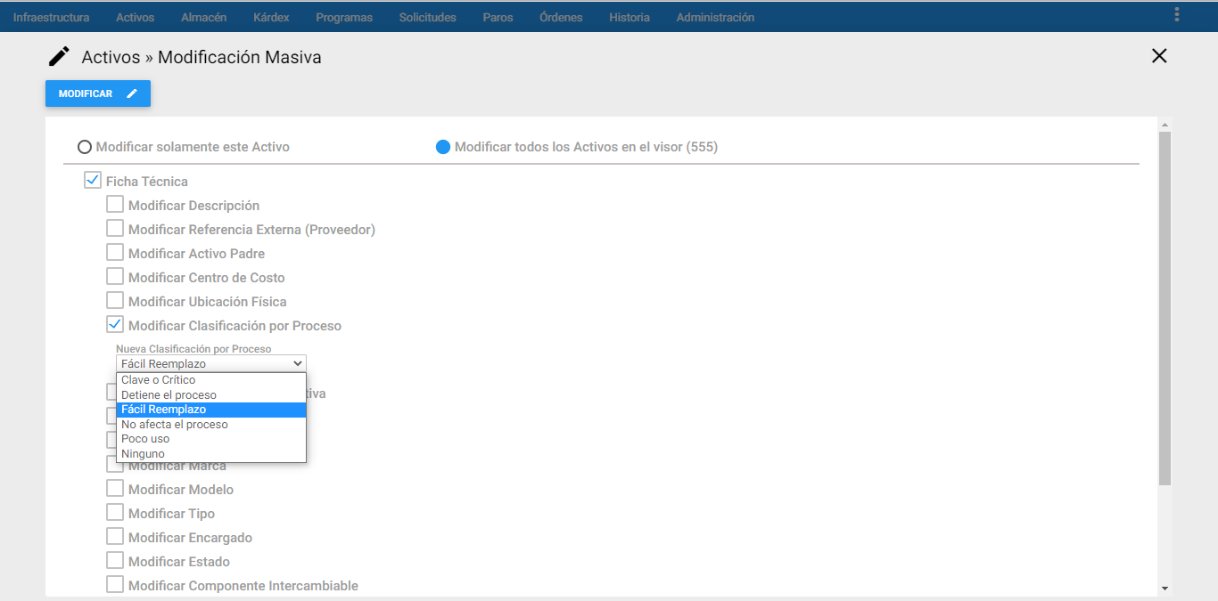 Activos - Modificar Clasificación por Proceso