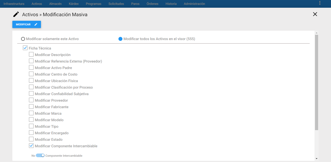 Activos - Modificar Modificar Componente Intercambiable