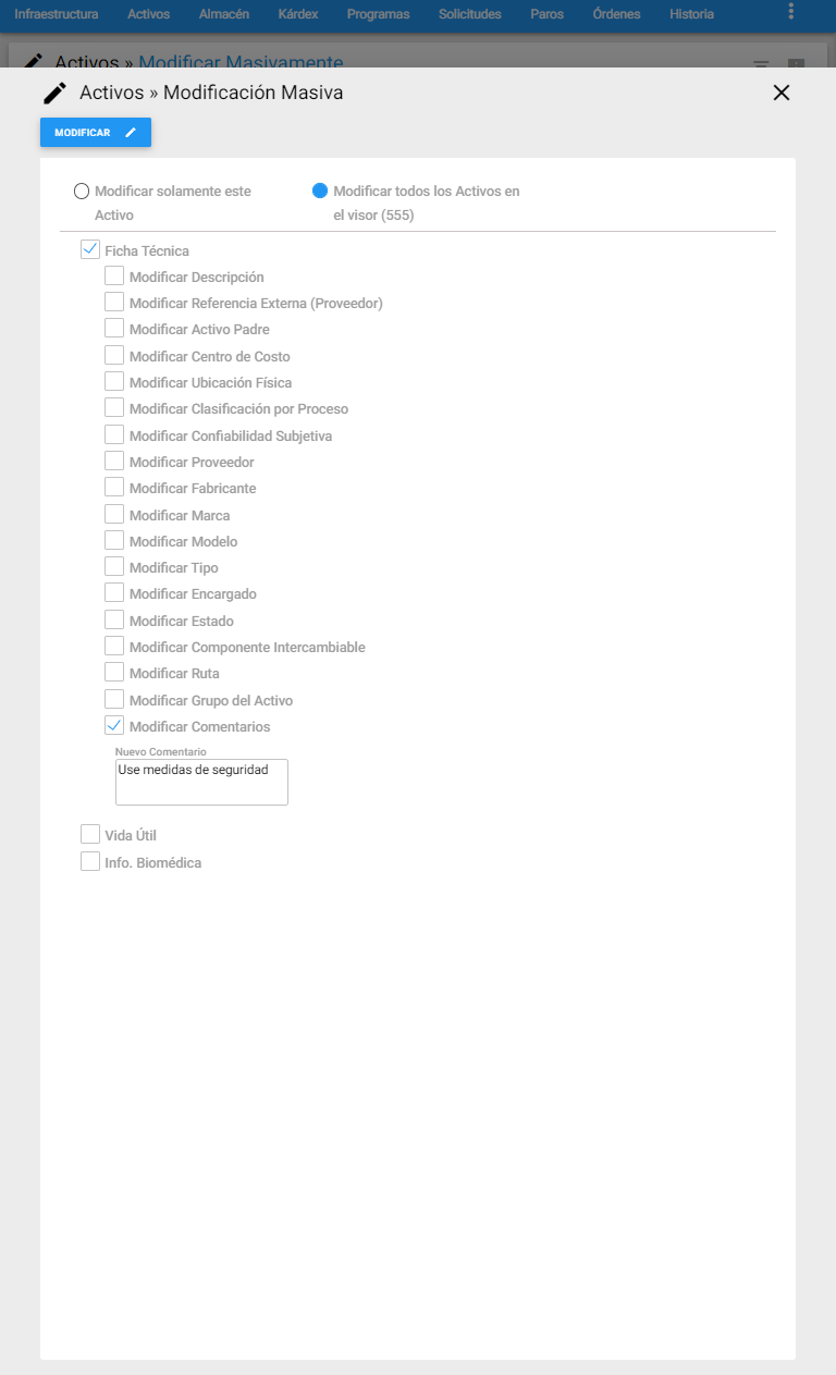 Activos - Modificar Comentarios