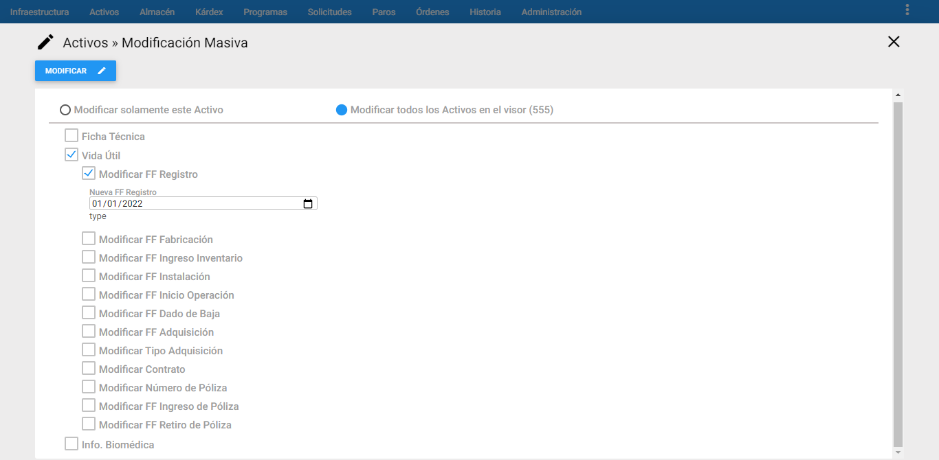 Activos - Modificar FF Registro