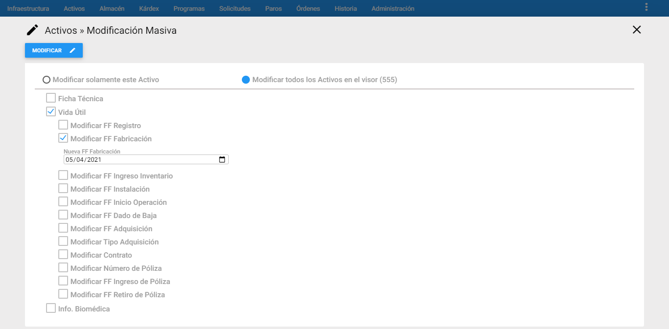 Activos - Modificar FF Fabricación