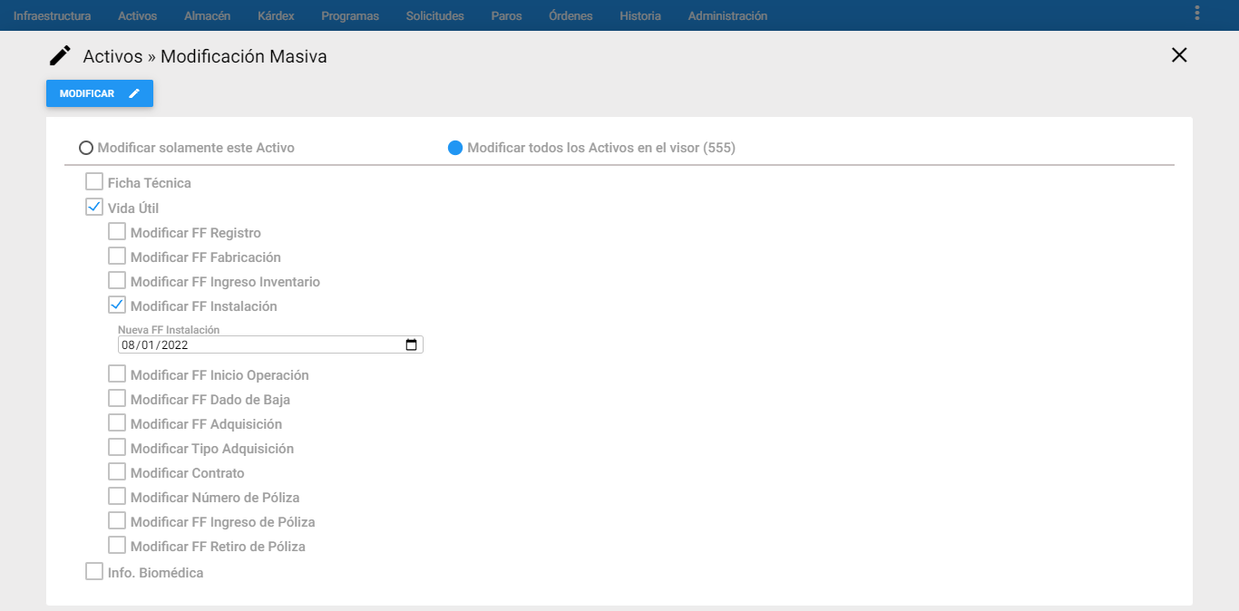 Activos - Modificar FF Ingreso Inventario