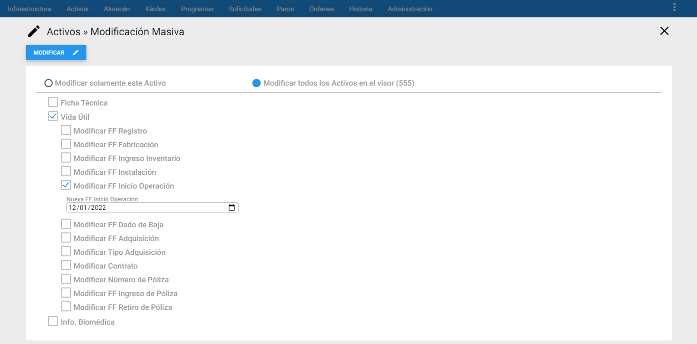 Activos - Modificar FF Inicio Operación