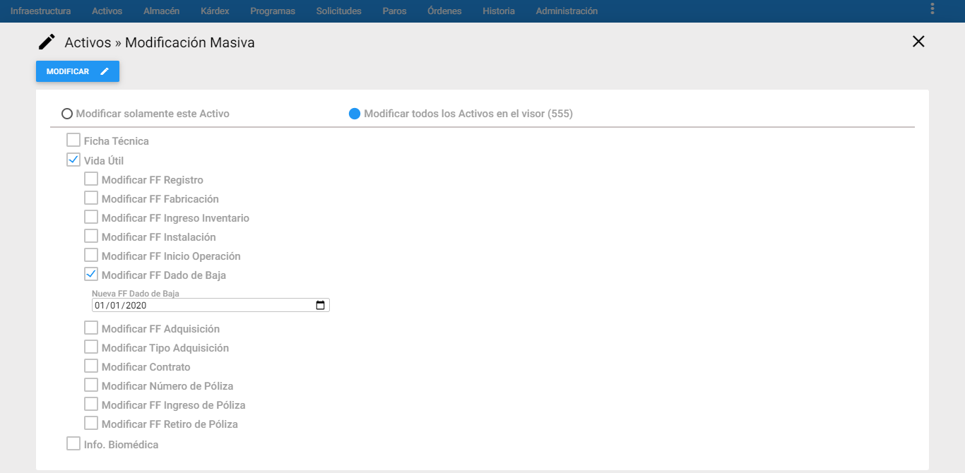 Activos - Modificar FF Dado de Baja