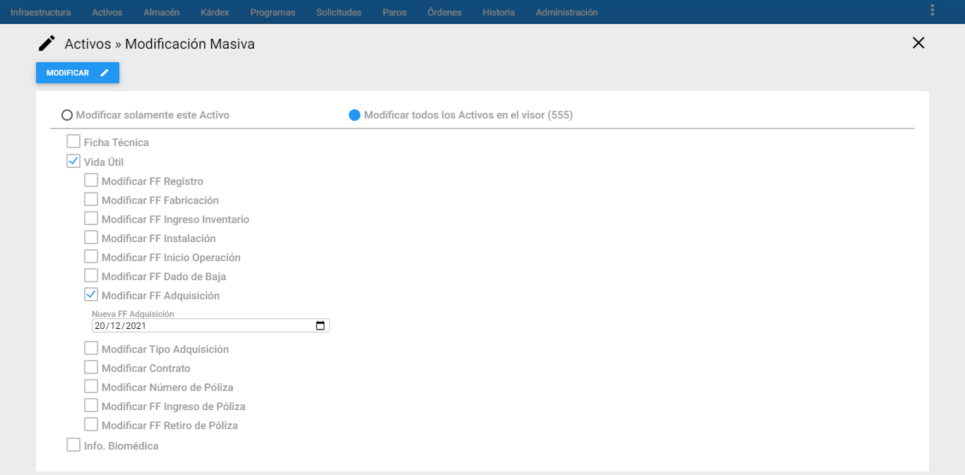 Activos - Modificar FF Adquisición