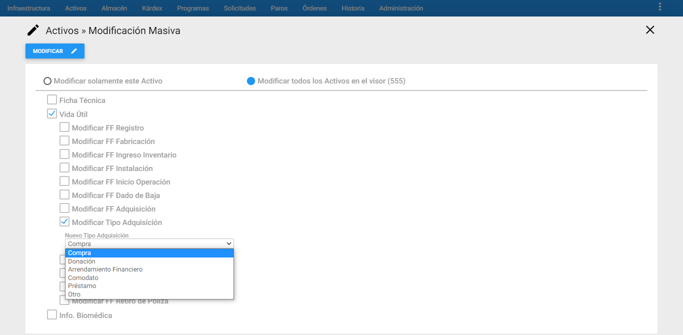 Activos - Modificar Tipo Adquisición