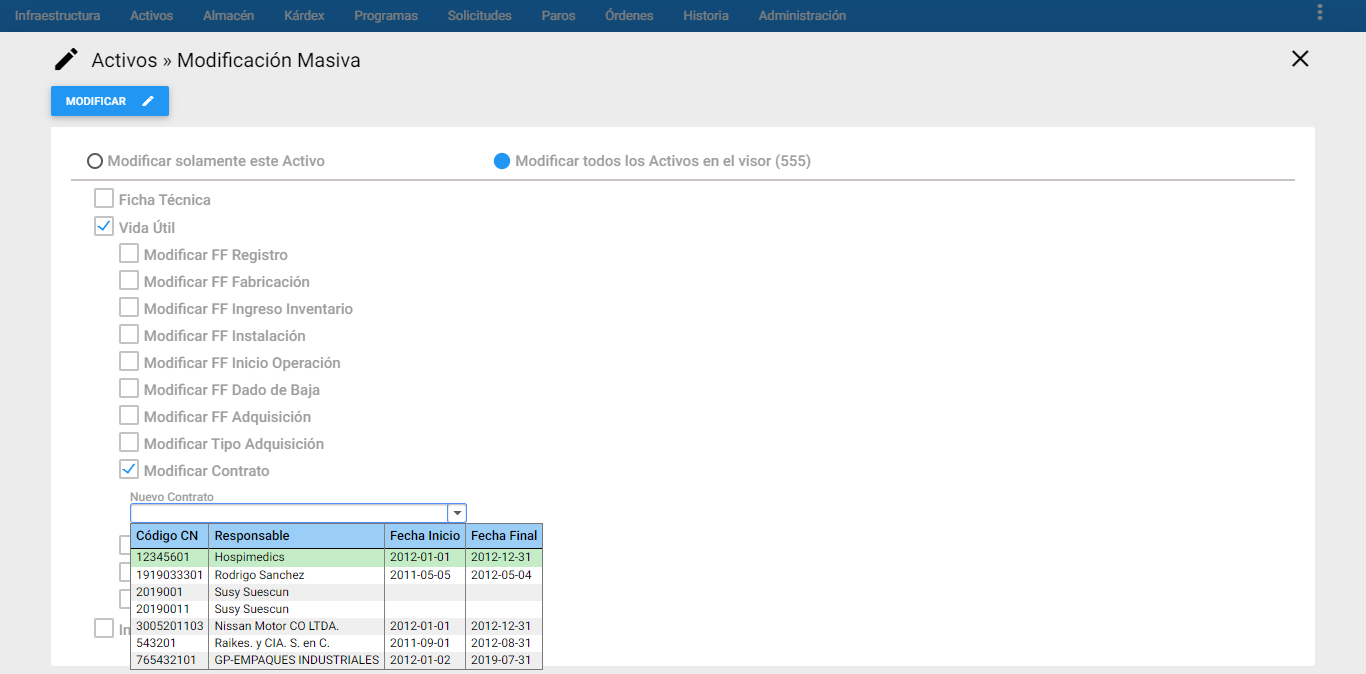 Activos - Modificar Contrato