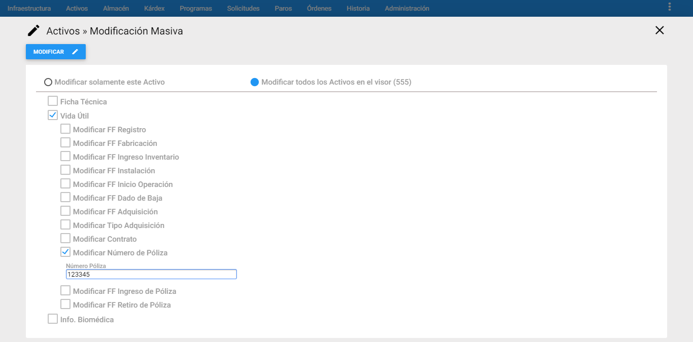 Activos - Modificar Número de Póliza