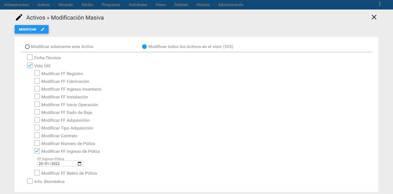 Activos - Modificar FF Ingreso de Póliza