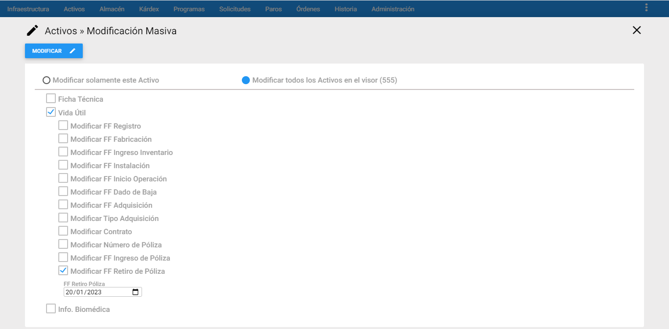 Activos - Modificar FF Retiro de Póliza