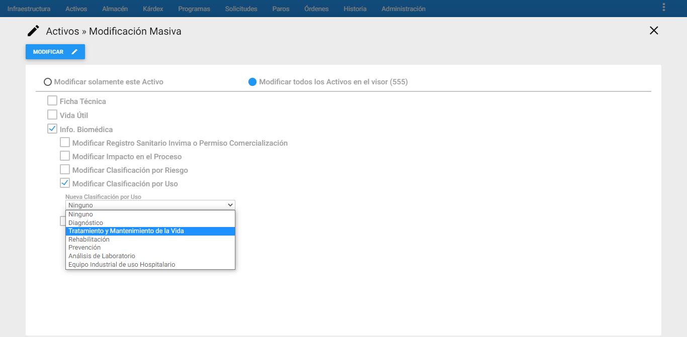 Activos - Modificar Clasificación por uso