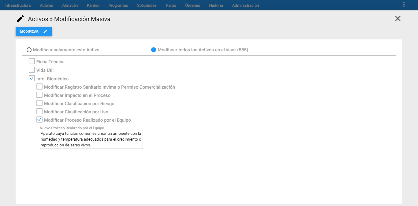 Activos - Modificar  Clasificación por uso