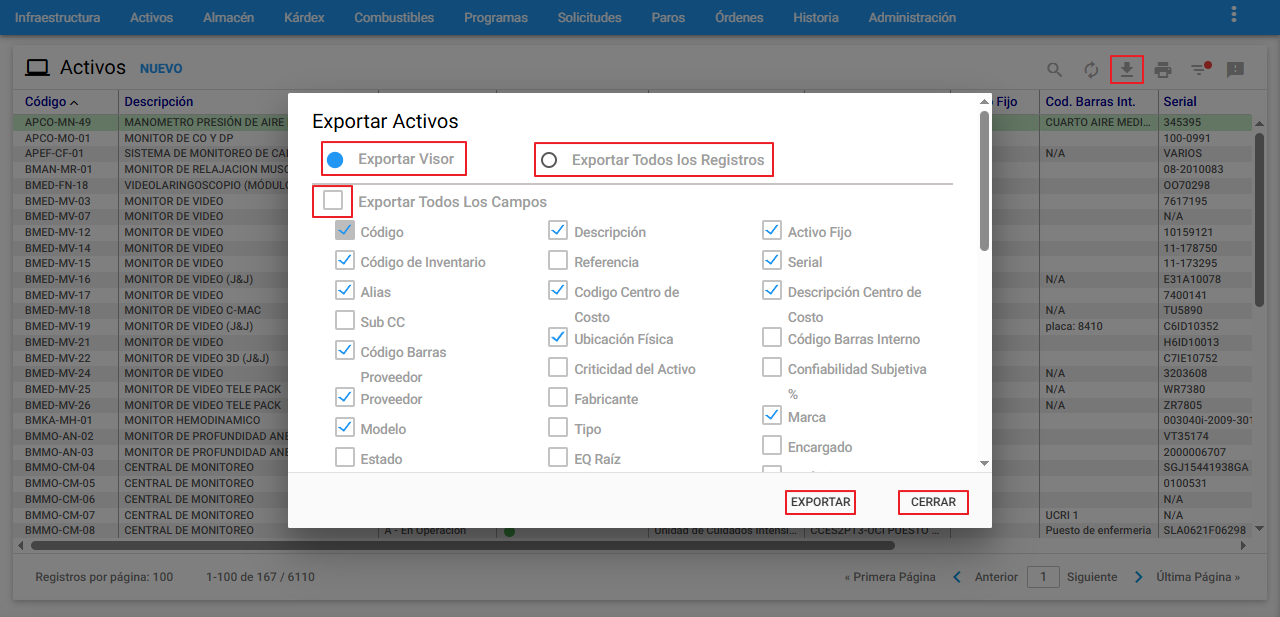 Activos - Ir a Exportar