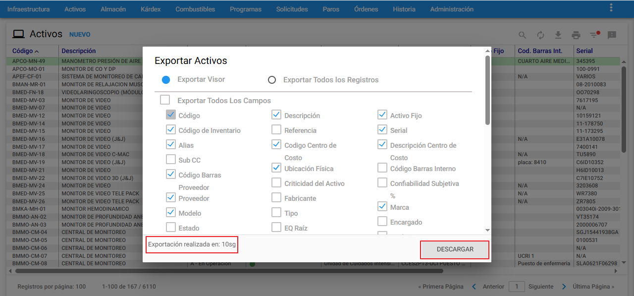 Activos - Exportar Campos