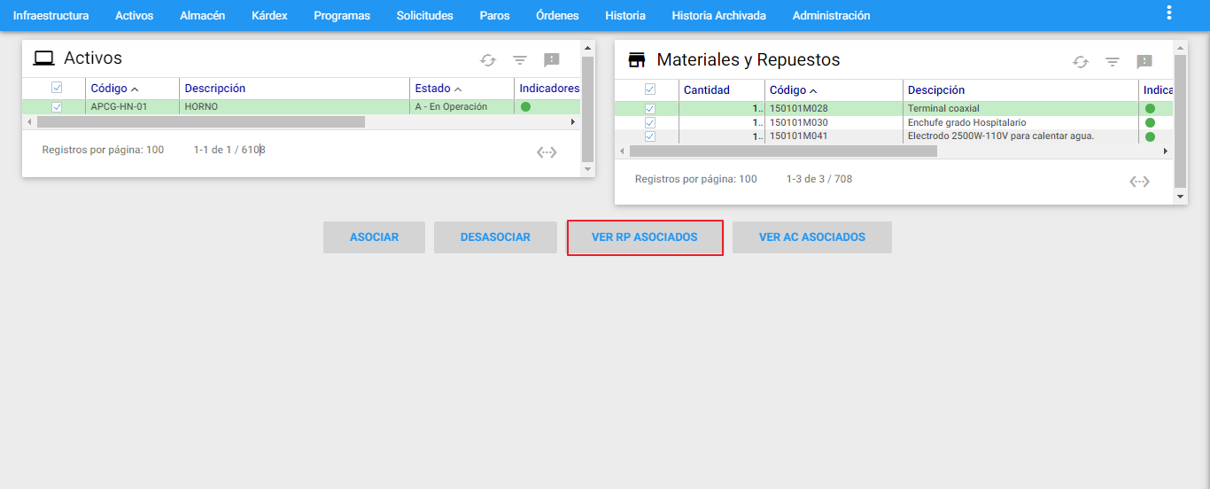 Almacén - Ver Activo asociado a Repuestos