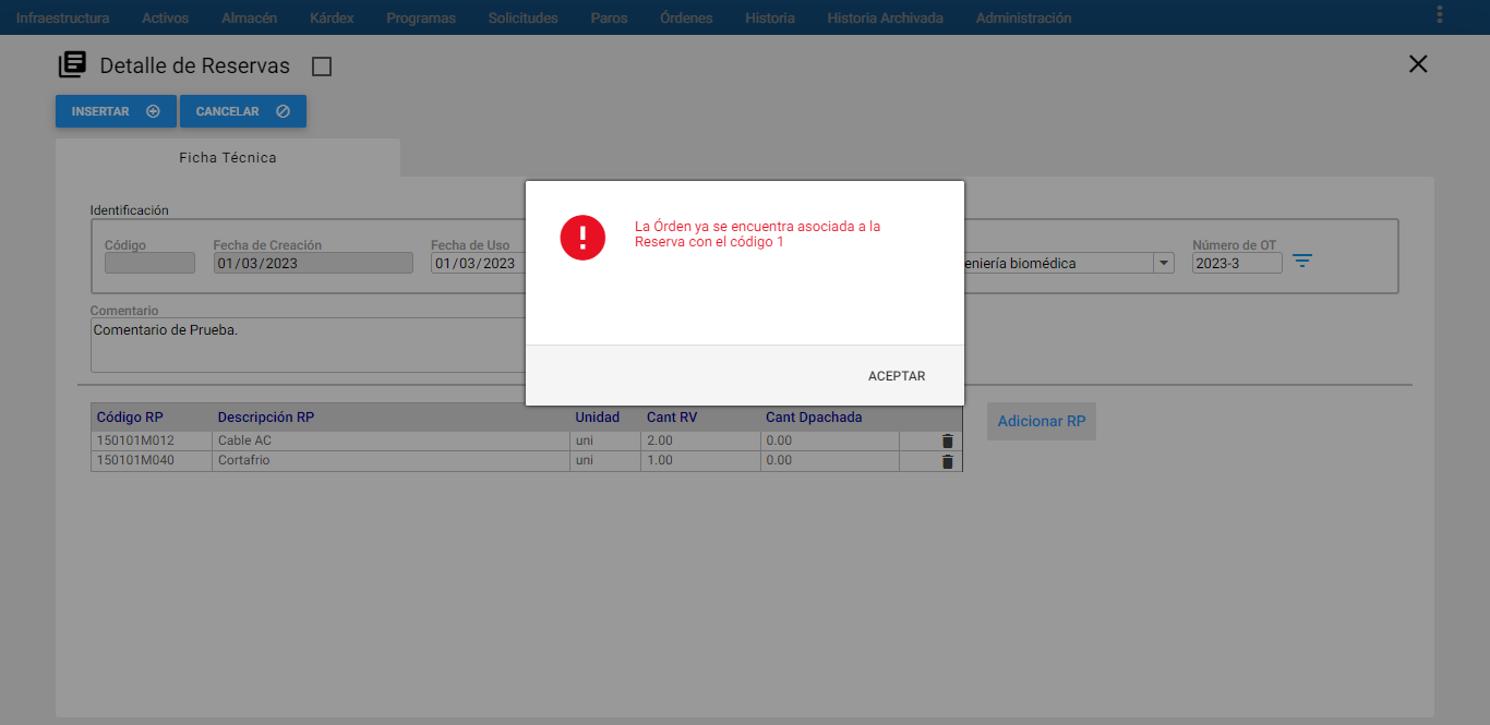 Almacén - Mensaje Error Insertar Reserva