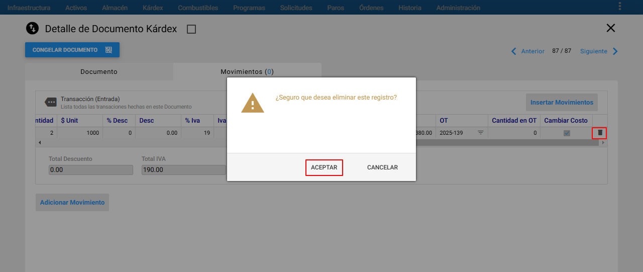 Kárdex - Eliminar Movimiento