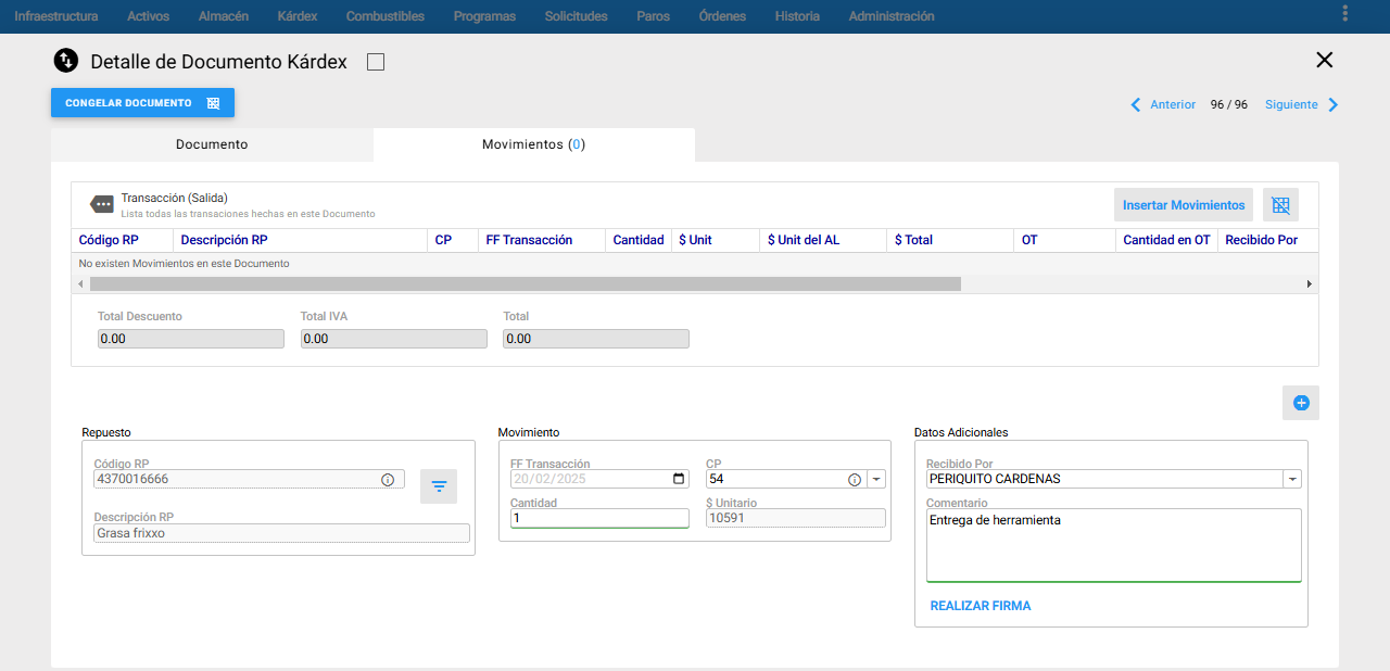 Kárdex - Formulario Movimientos