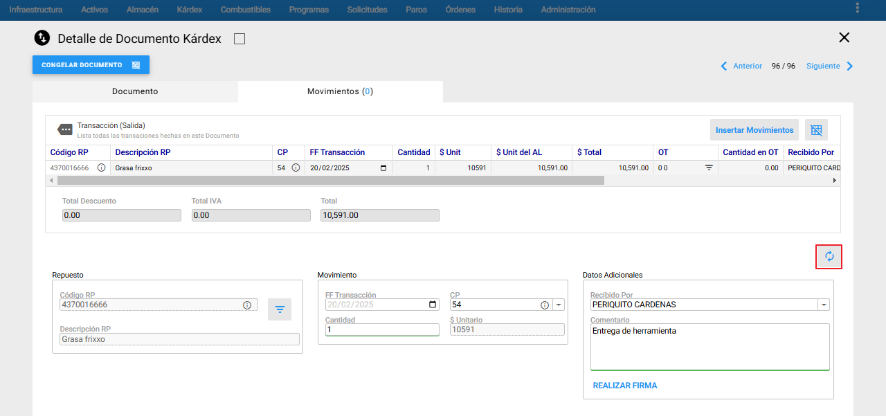 Kárdex - Actualizar un movimiento