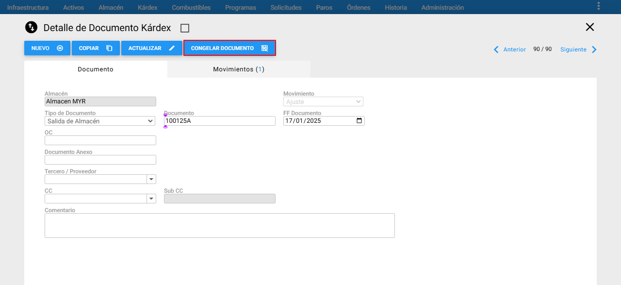 Kárdex - Ir a Congelar Documento