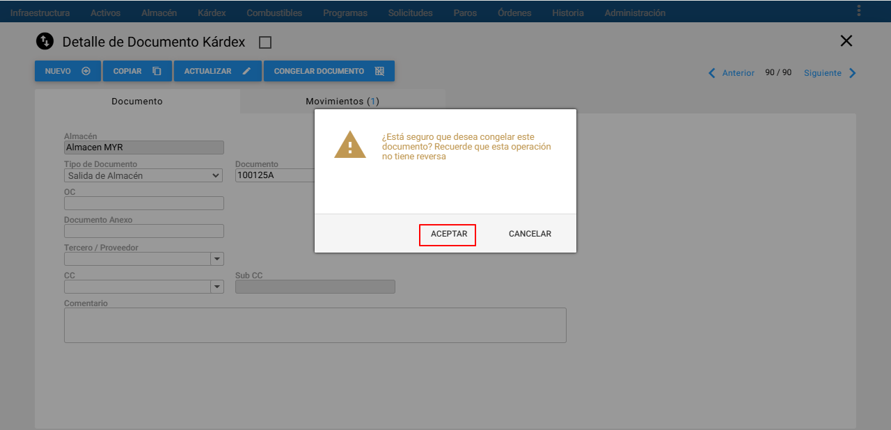 Kárdex - Mensaje Alerta Congelar Documento