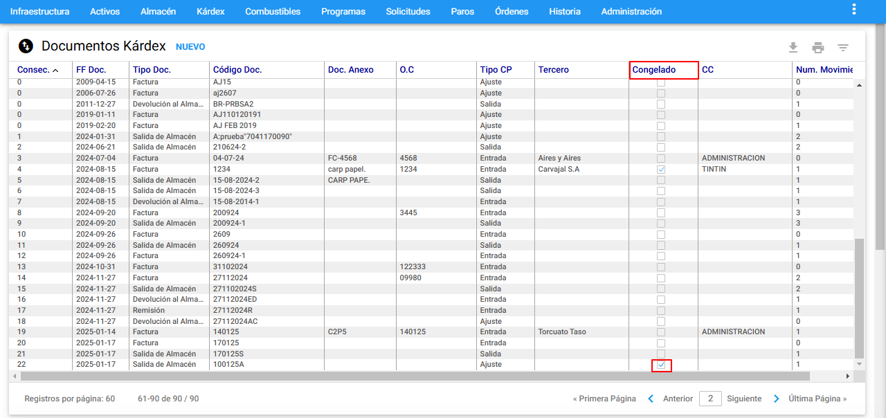 Kárdex - Documento congelado vista desde el visor