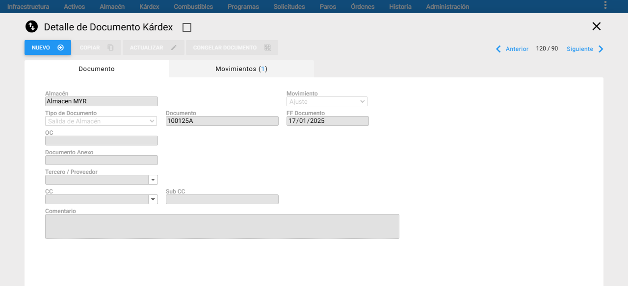 Kárdex - Documento congelado vista ventana Detalle