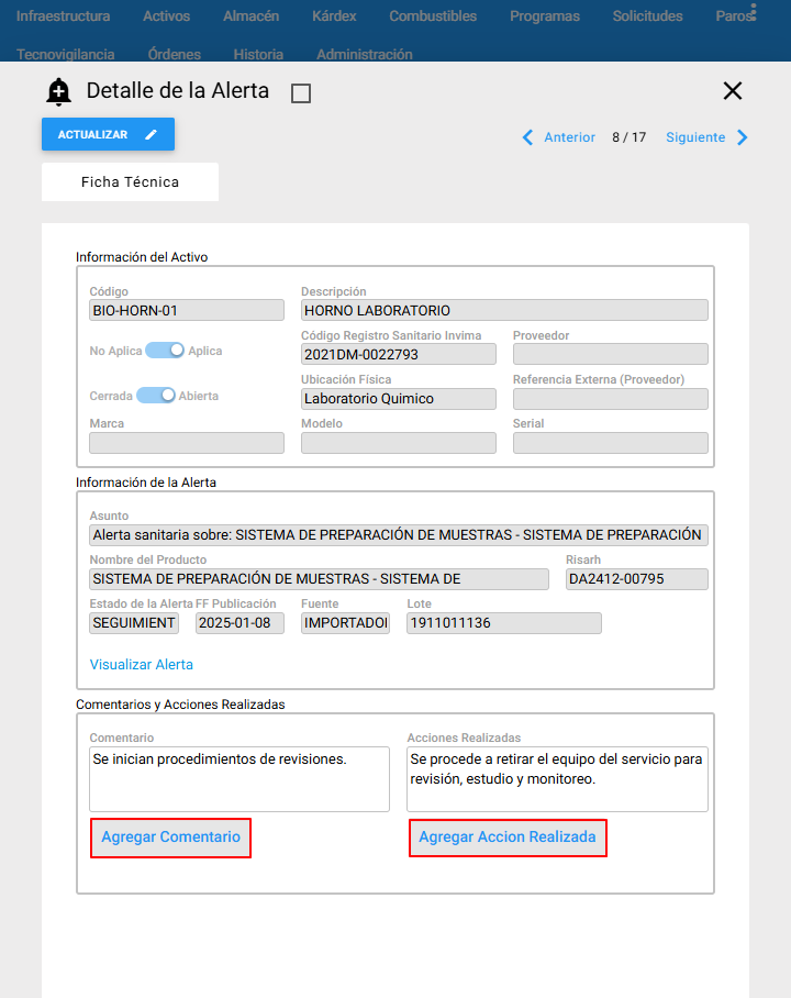 Tecnovigilancia - Agregar Comentarios y Acciones