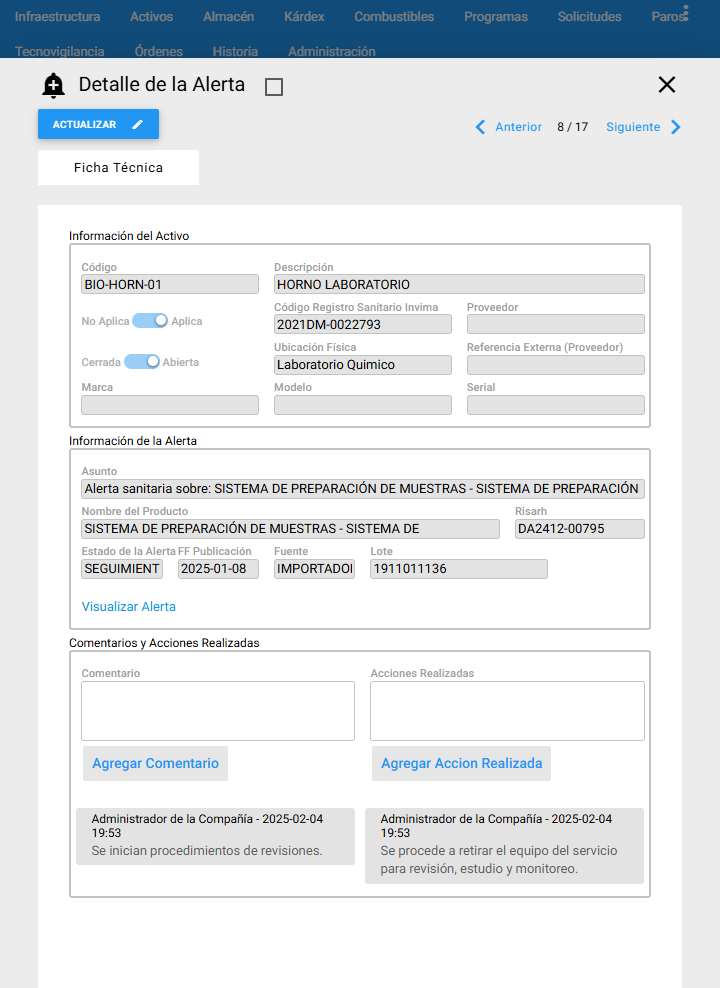 Tecnovigilancia - Agregar Comentarios y Acciones