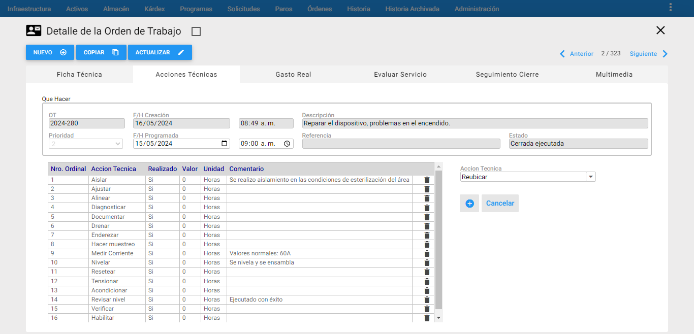 Órdenes - Adicionar Acciones Técnicas