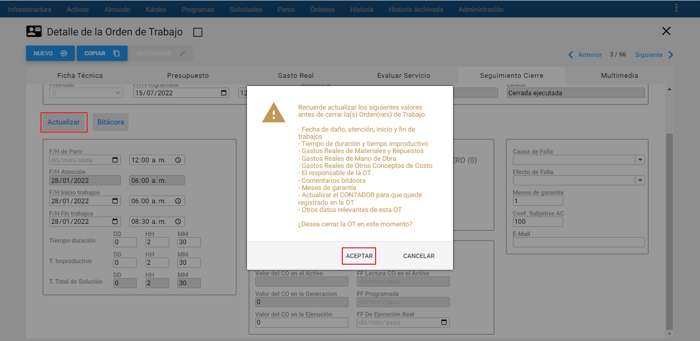 Órdenes - Mensaje Alerta Seguimiento y Cierre