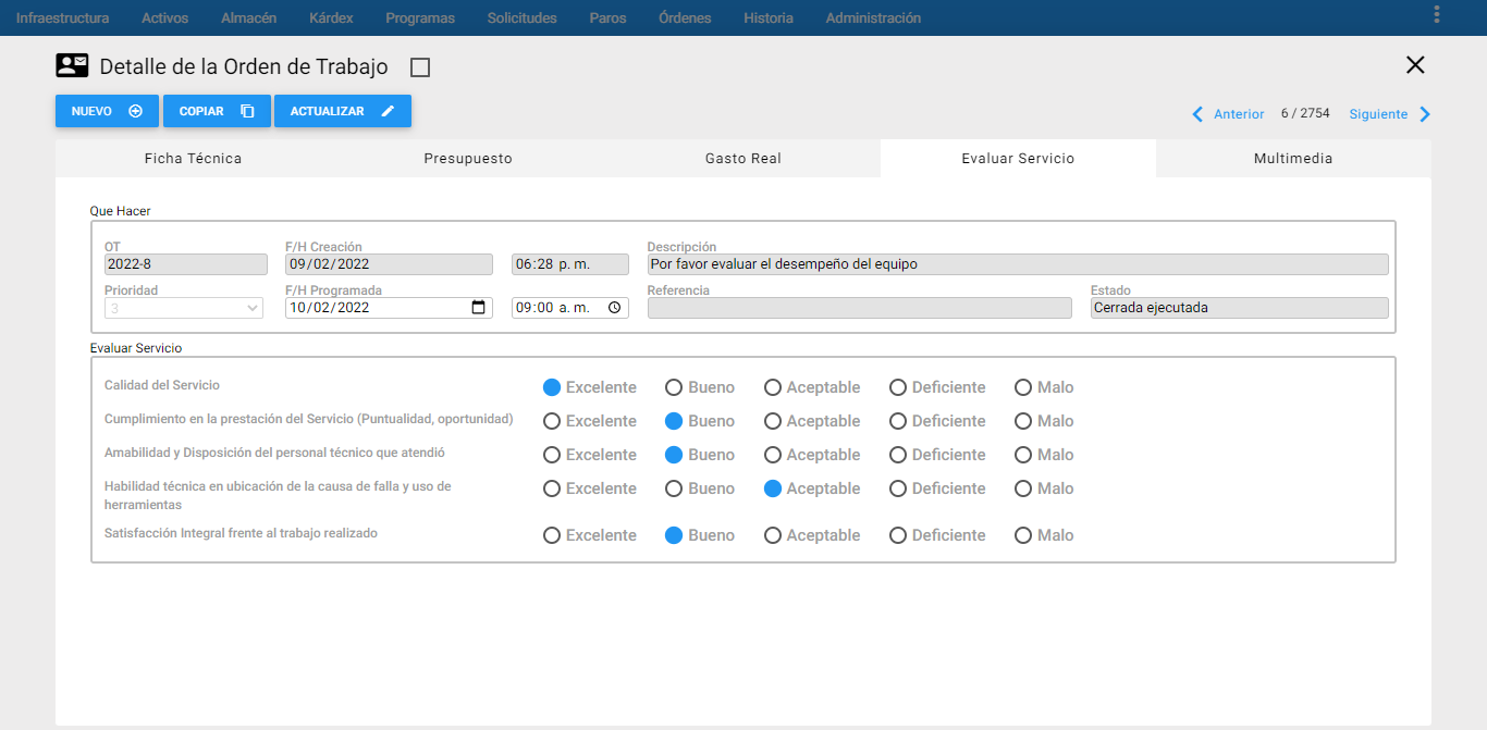 Órdenes - Evaluación de Servicio