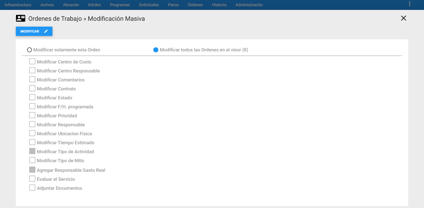 Órdenes - Visor Modificación Masiva