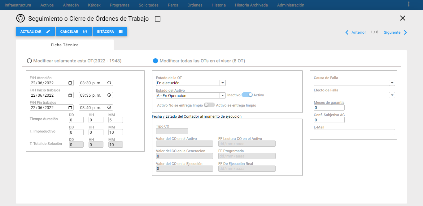 Órdenes - Detalle Seguimiento y Cierre Masivo