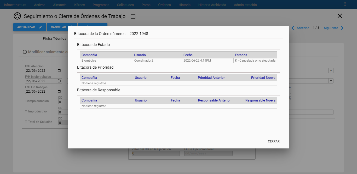 Órdenes - Detalle Bitácora Seguimiento y Cierre Masivo