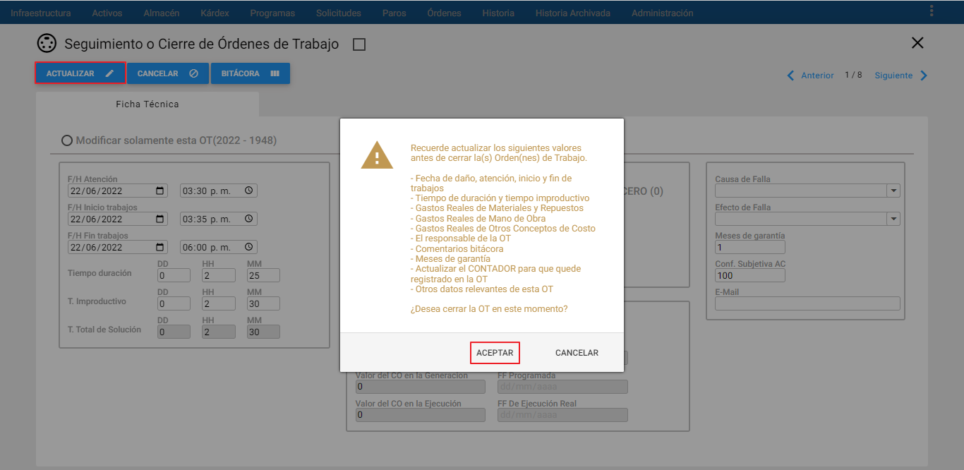 Órdenes - Mensaje Alerta Seguimiento y Cierre Masivo