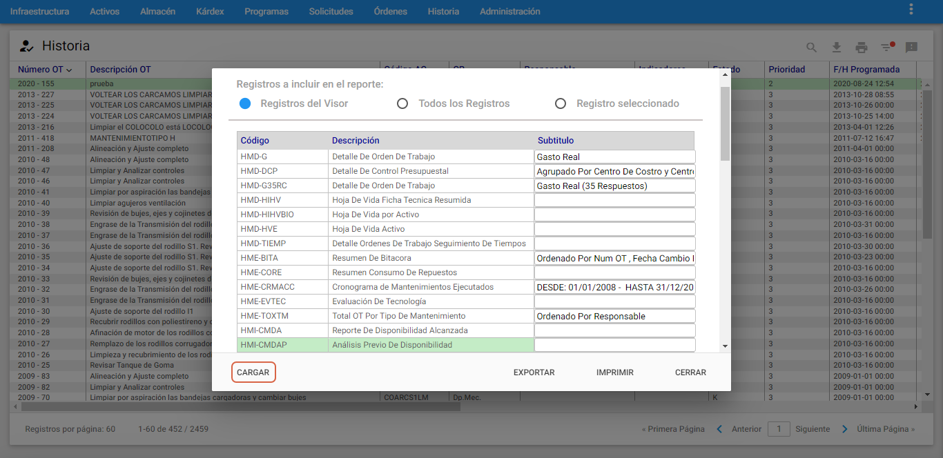 Historia - Reporte Cargar Análisis Previo de Disponibilidad
