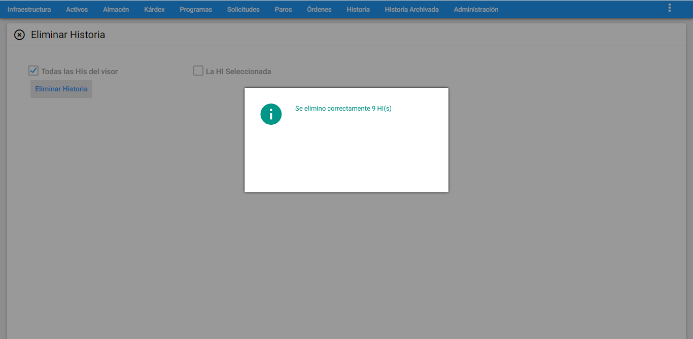 Historia - Aviso Satisfactorio Eliminar Masivamente