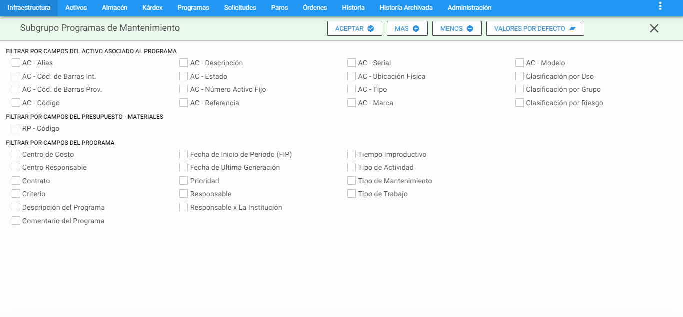 Programas de Mantenimiento - Subgrupo