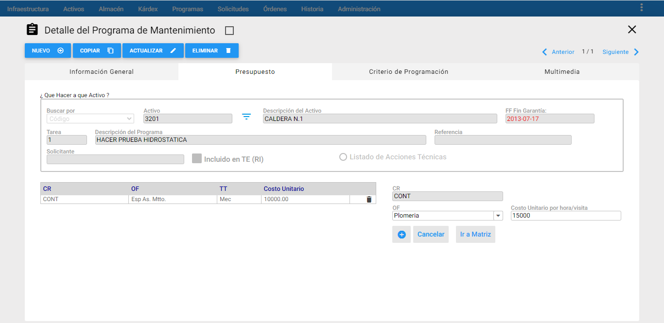 Programas de Mantenimiento - Ingresar ME