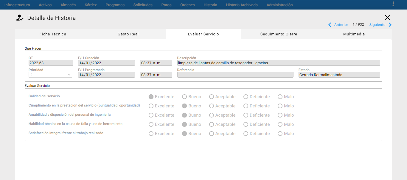 Historia Archivada- Evaluación del Servicio