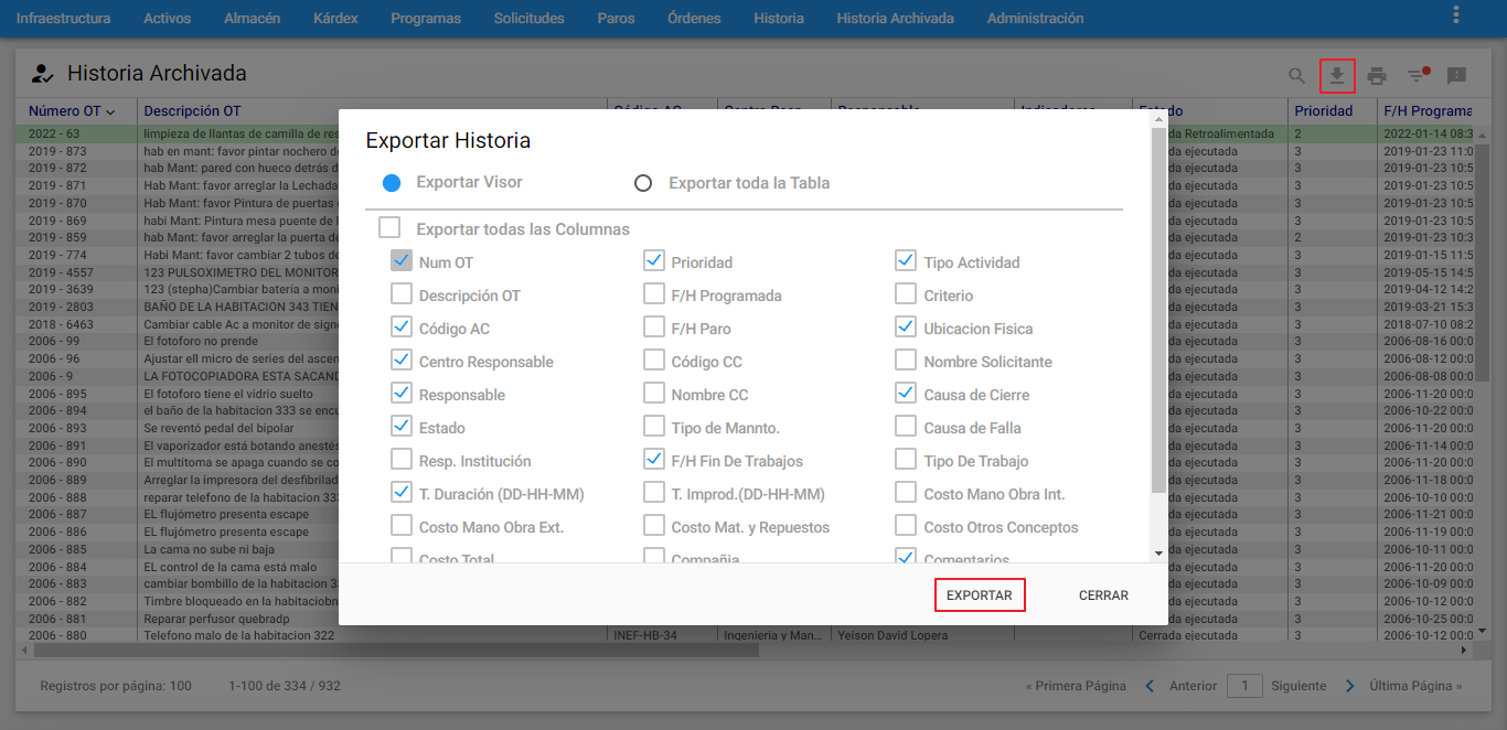 Historia Archivada - Exportar_las OT, SS y PA