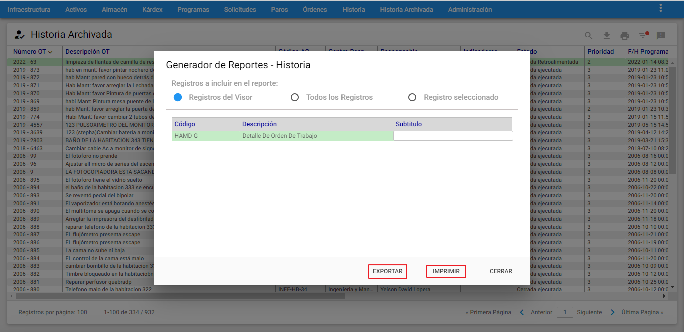 Historia Archivada - Exportar