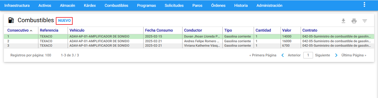 Combustibles - Crear nuevo registro