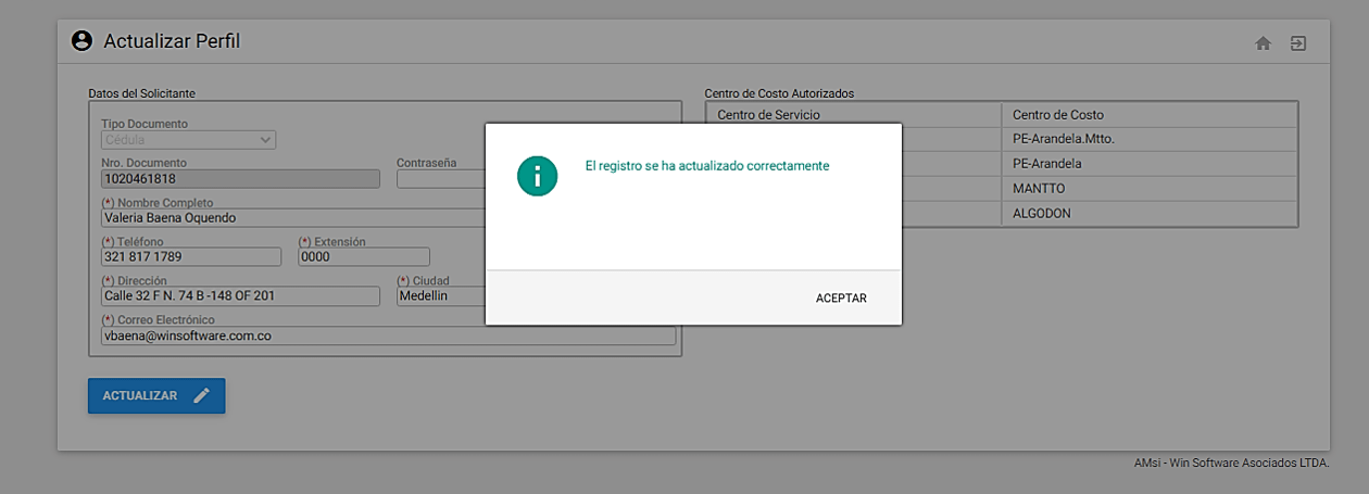 Mensaje de Confirmación de la actualización del perfil