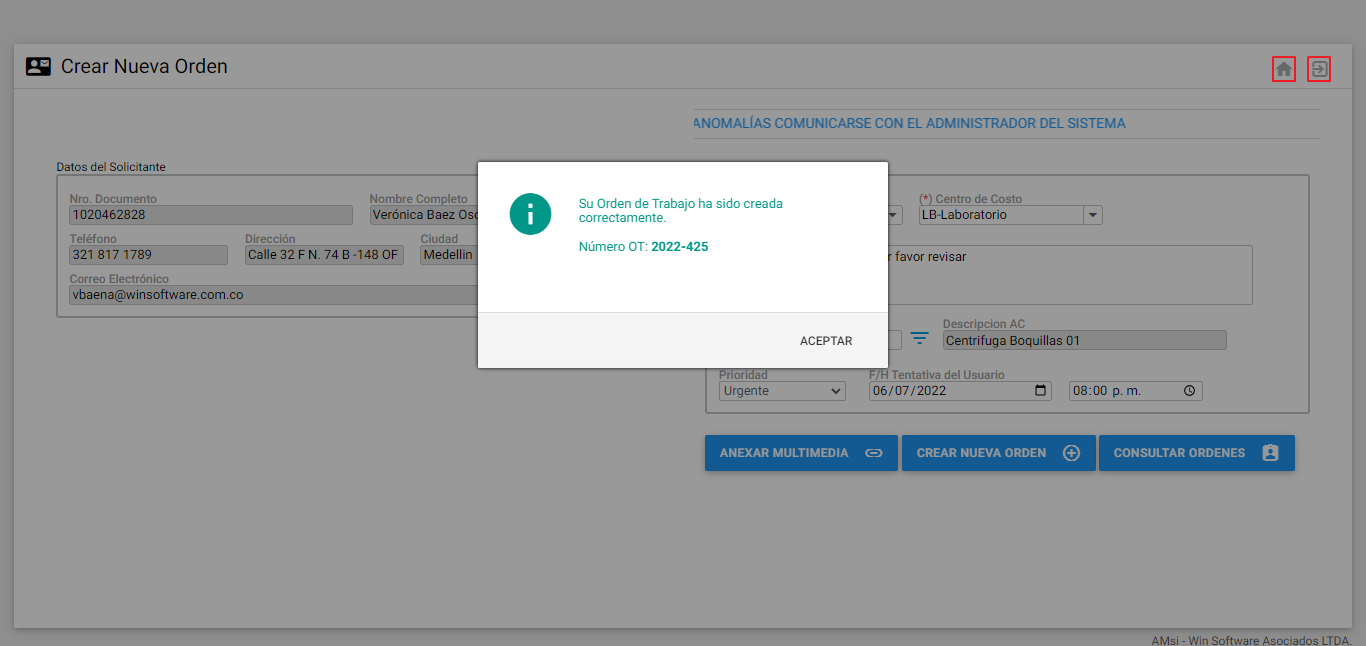 Mensaje registro OT