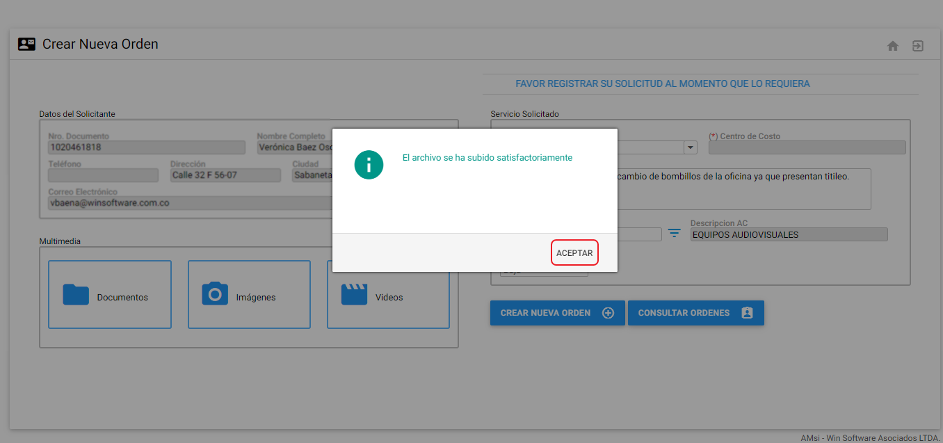 Mensaje registro OT