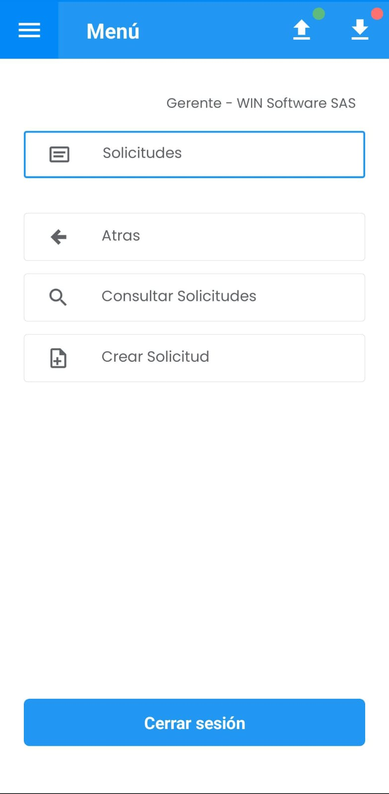 AMovil - Submenú Ir a Crear Solicitud